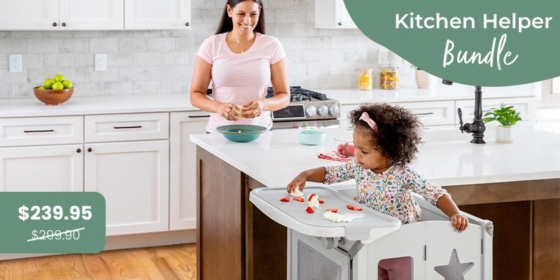 Woman and child in a kitchen with a baby high chair, promoting a 'Kitchen Helper Bundle'.