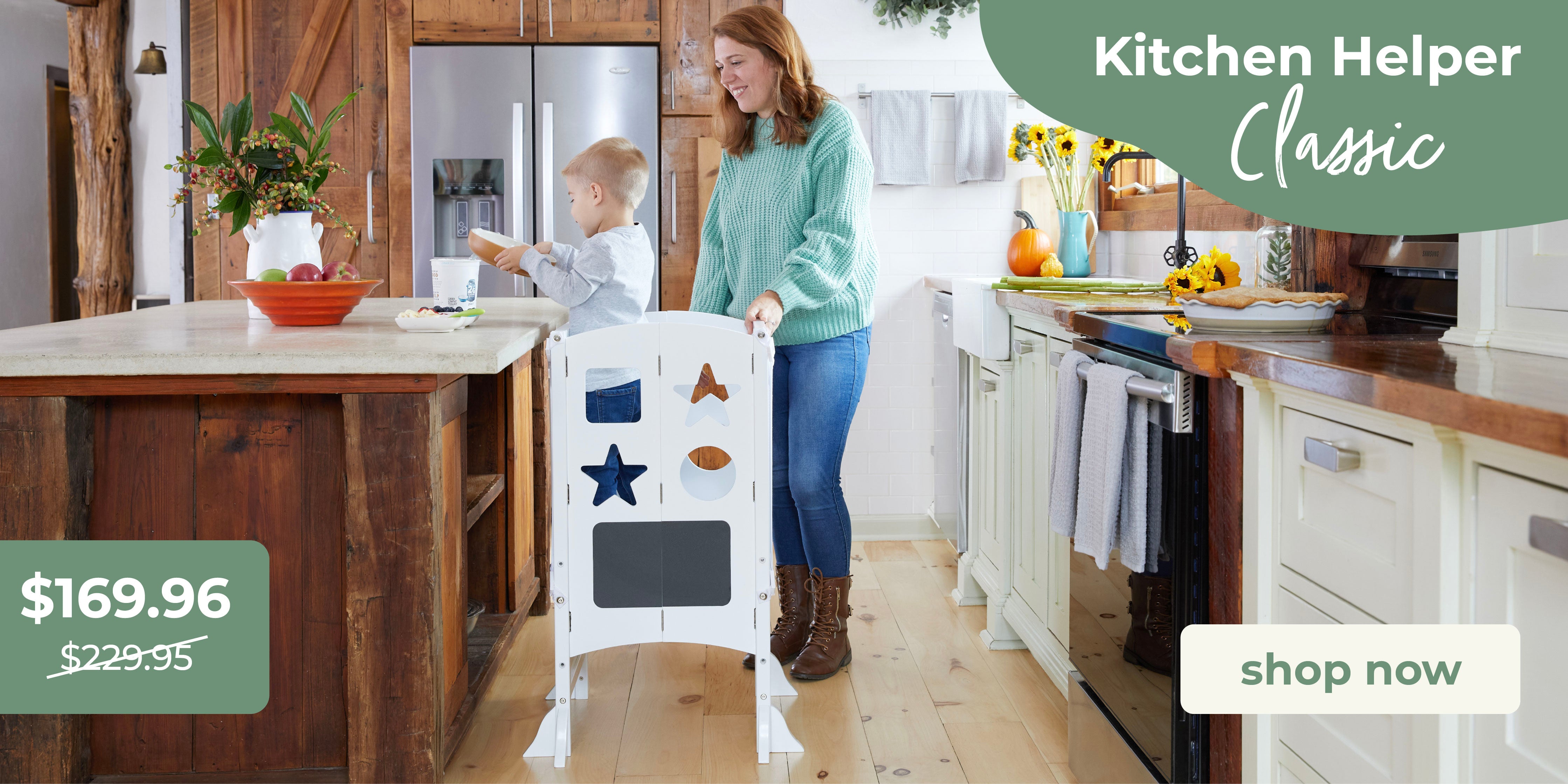 Family in a modern kitchen with the son using a Kitchen Helper Classic. 'Kitchen Helper Classic' product promotion. Click to shop at $169.96 down from $229.95