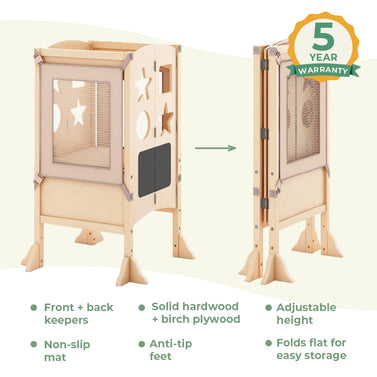 Kitchen helper has non-slip mat, front and back mesh keeper for safety, folds flat for easy storage, adjustable platform and anti-slip feet. Image of the classic kitchen helper open and folded flat.