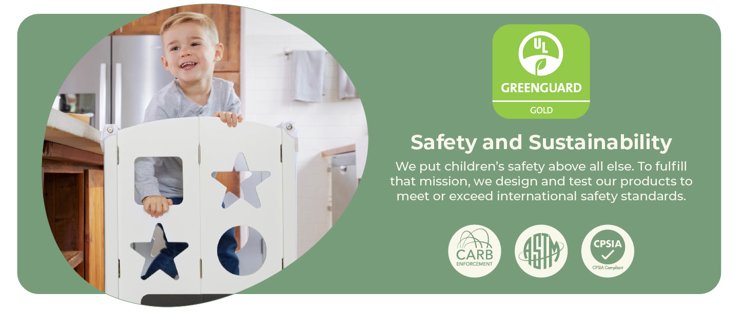 Image of happy child in kitchen helper and certification logos. The kitchen helpers are greenguard gold certified. They are designed and tested to meet or exceed international safety standards.