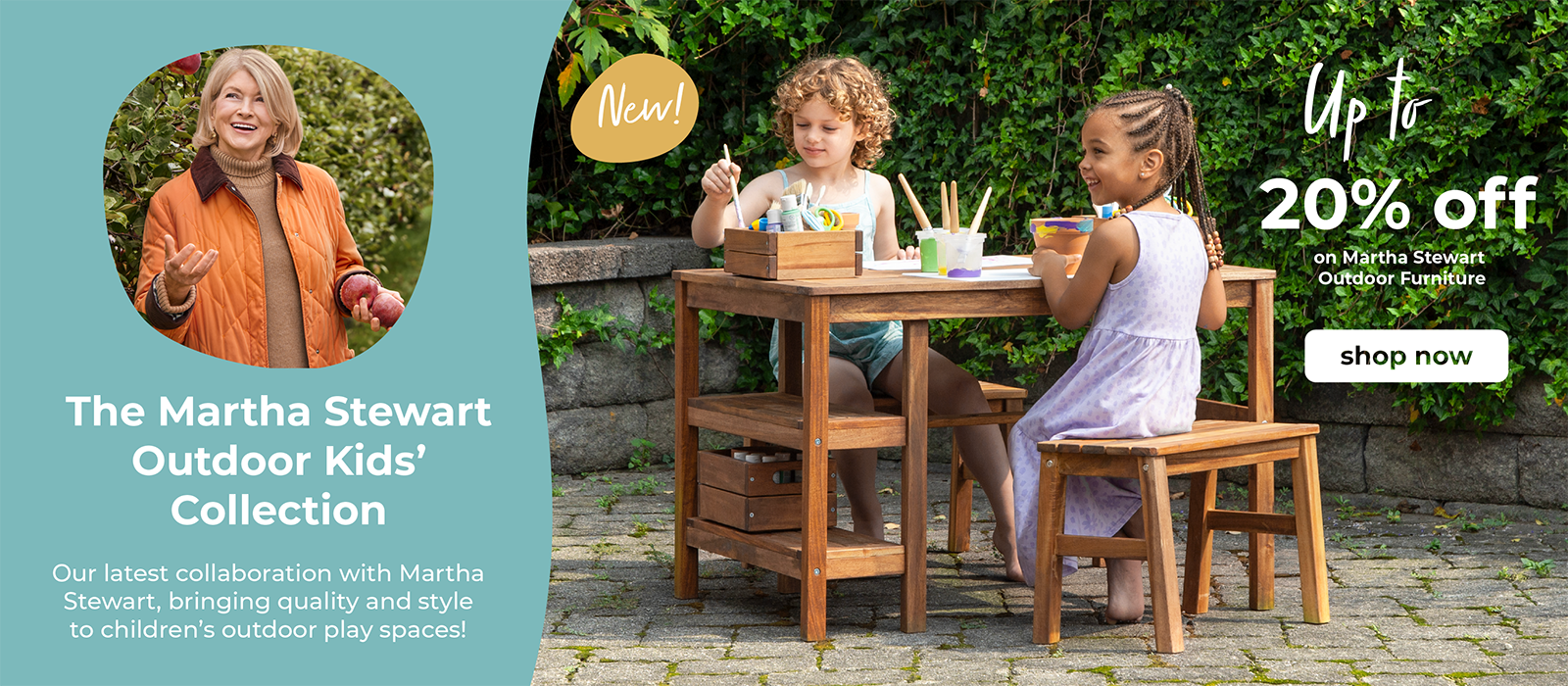 Advertisement for Martha Stewart Outdoor Kids' Collection with children at an acacia wood craft table outdoors.
