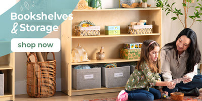 Woman and child reading together on a rug with bookshelves and storage units in the background.