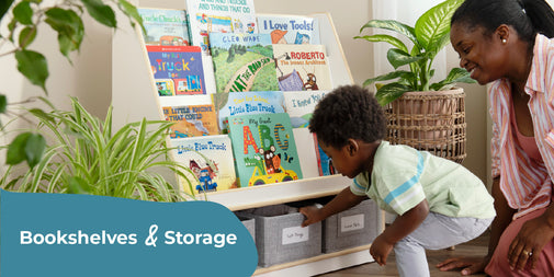 Woman and child playing with books on a bookshelf in a home setting