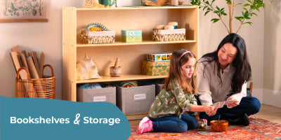 Woman and child reading together on a rug with bookshelves and storage units in the background.