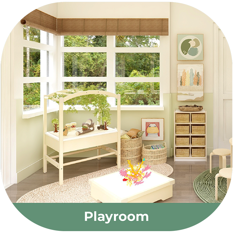 Nature-inspired playroom with a Sensory play table, toys, and storage baskets near large windows.