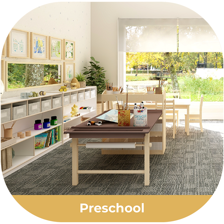 Preschool classroom with tables, chairs, and educational materials.