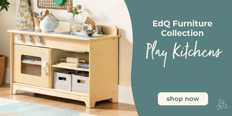 Wooden play kitchen set with sink and cabinets, branded as EdQ Furniture Collection. Click to shop all EdQ Kitchens