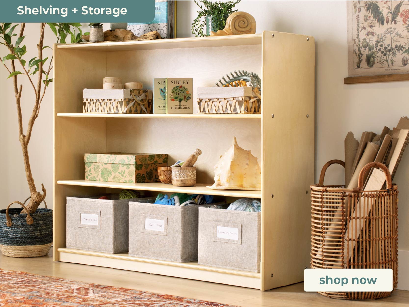 Beige bookshelf with decorative items and storage bins