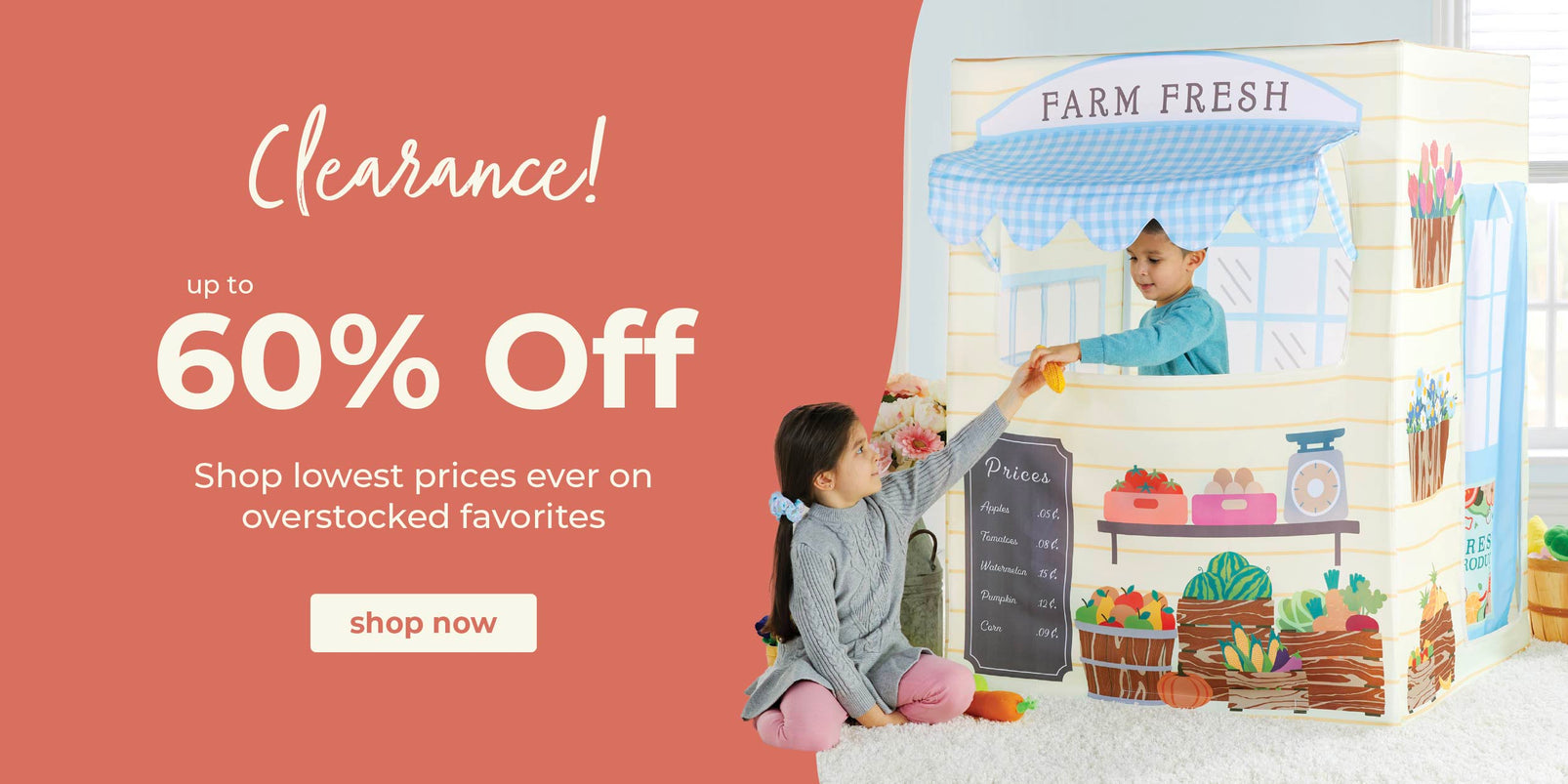 Children's play area with toy grocery store and 'Farm Fresh' sign, alongside clearance sale