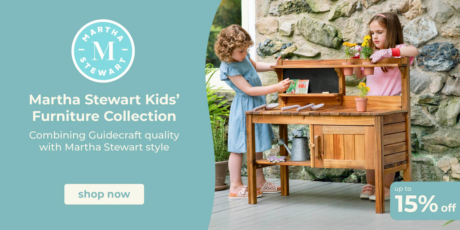 Two children playing with a wooden play kitchen set outdoors, with Martha Stewart Kids' Furniture Collection branding.
