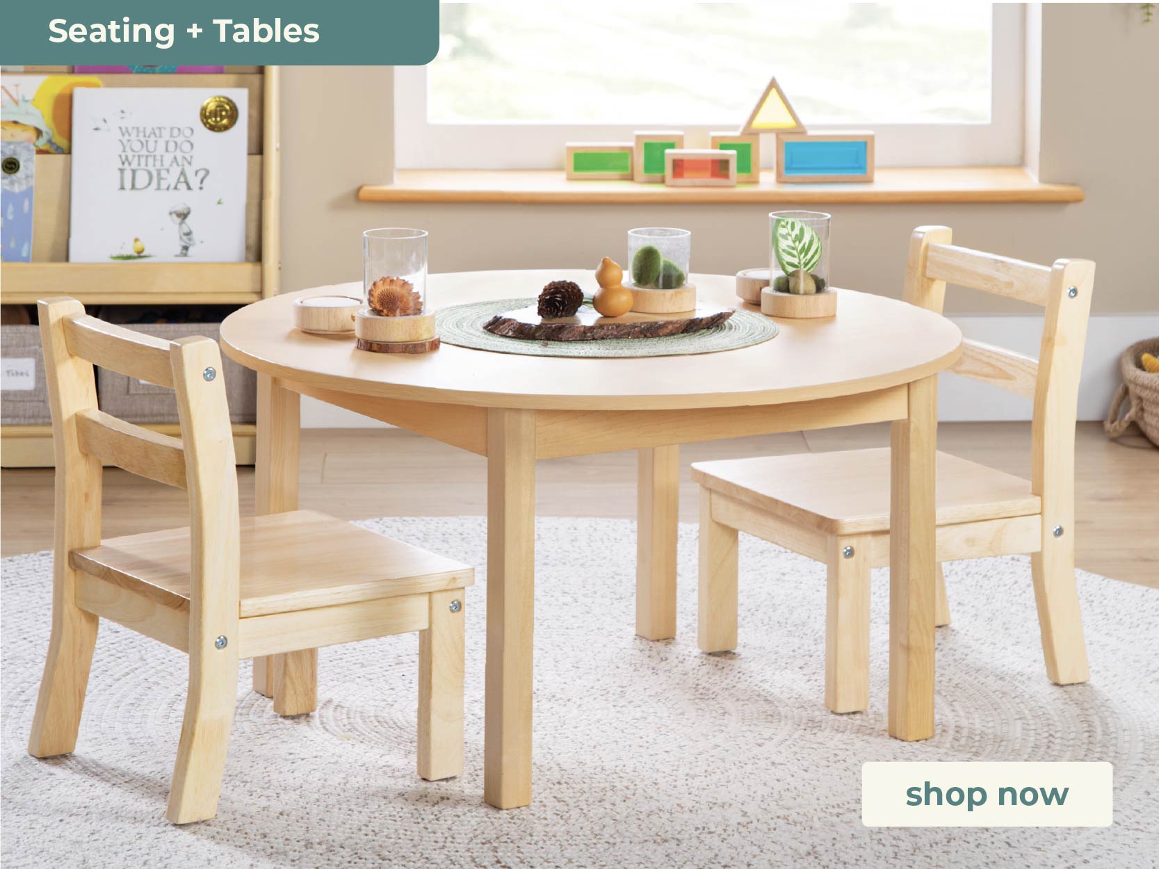 Wooden children's table and chairs set in a room