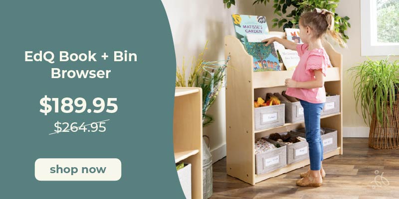 Child using the EdQ Book and Bin Browser, click to shop at $189.95 down from $264.95.