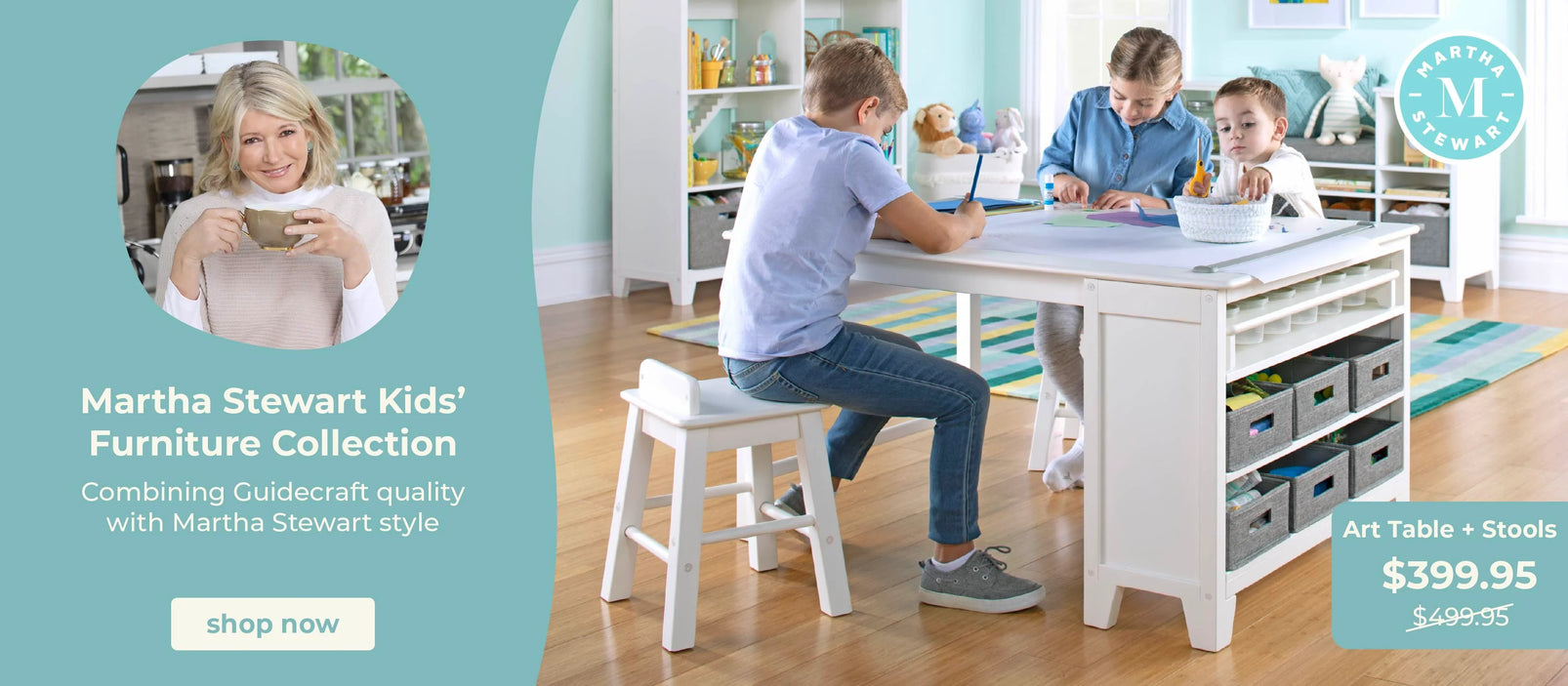 Children using a Martha Stewart Kids' Furniture Collection art table with stools in a home setting. Click to shop the Martha Stewart Collection