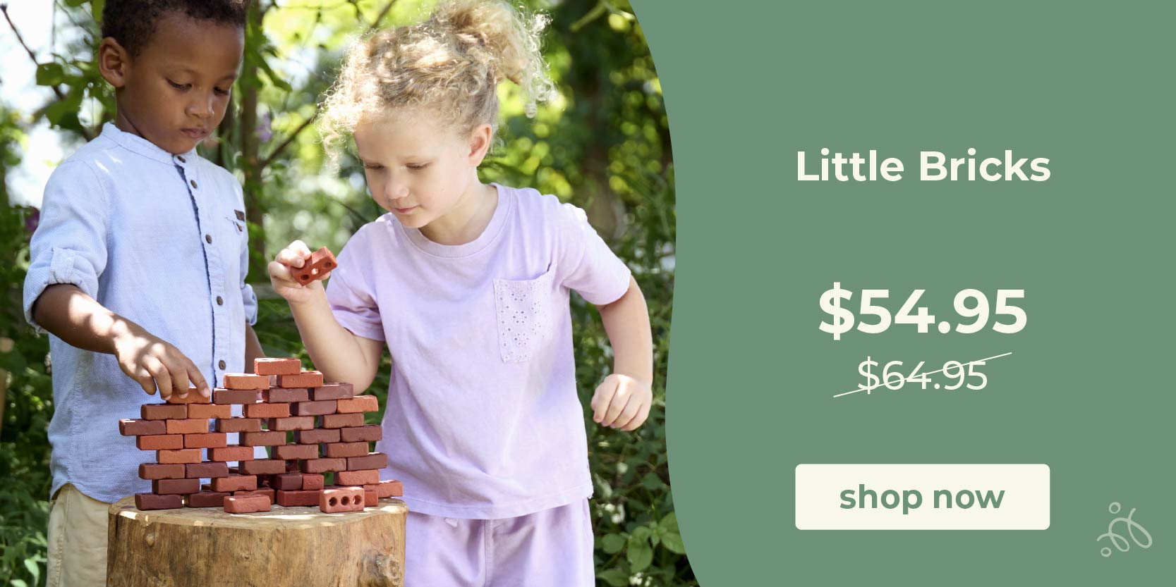 Two children playing with building blocks outdoors, with a promotional banner for 'Little Bricks' on the right. Click to shop little bricks