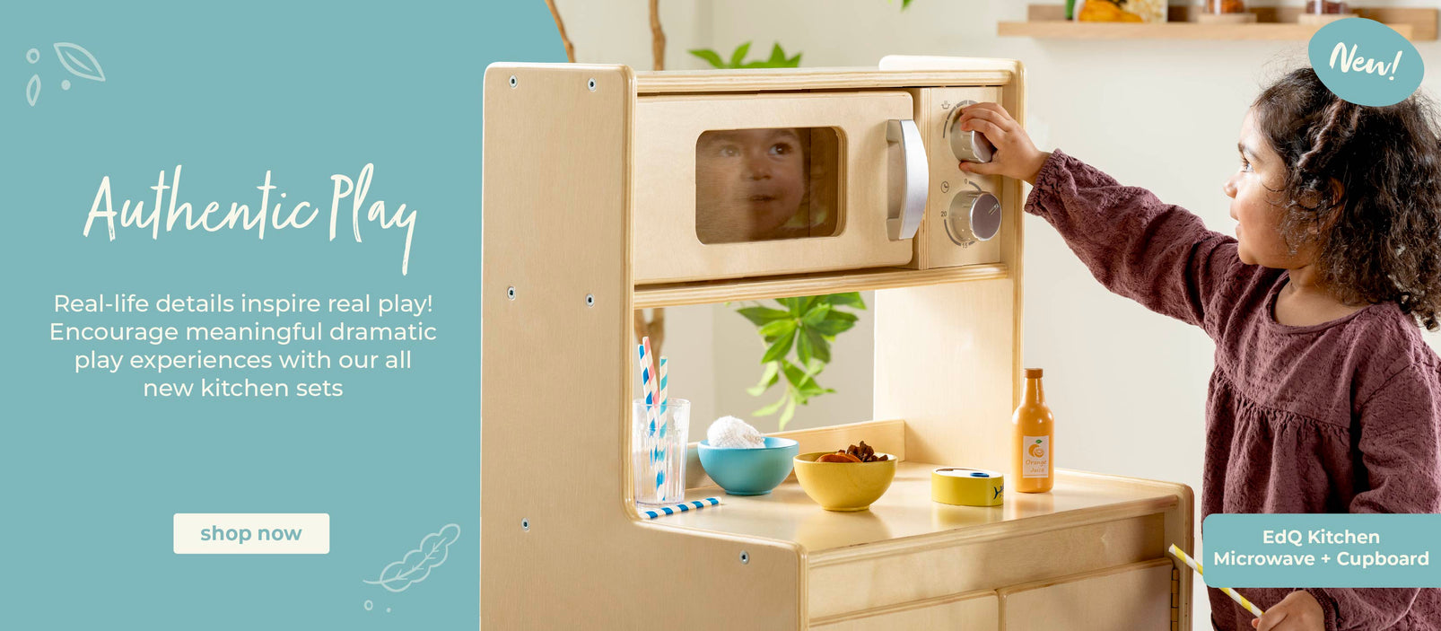 Child playing with a wooden kitchen set, including a microwave and cabinet, with text about 'Authentic Play' on a light blue background. Click to shop EdQ Play Kitchens