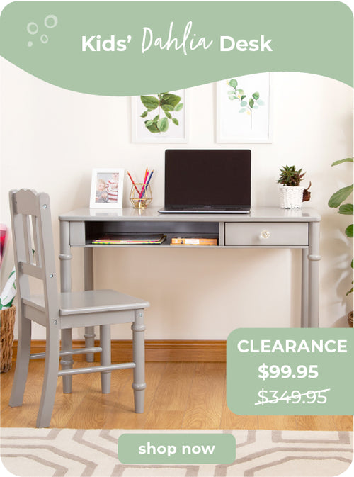 Children's desk with chair in a room setting, shop click to shop clearance price $99 down from $349.95
