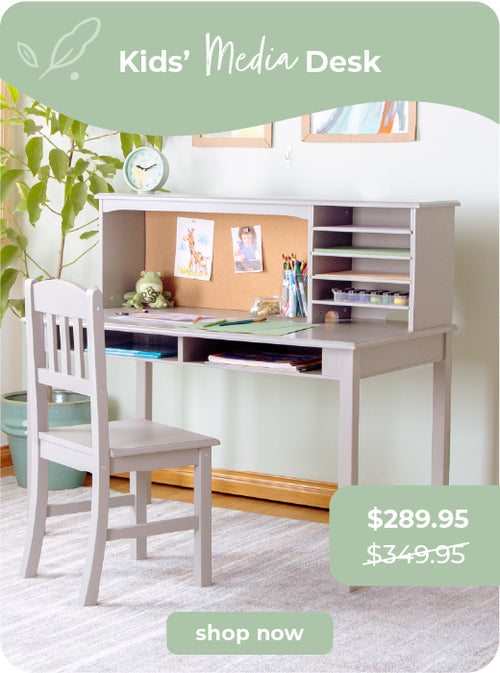 Children's media desk with chair in a room setting, click to shop regular price $349.95 sale price $289.95