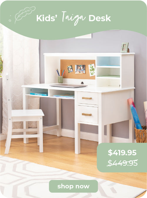 White kids' desk with shelves and a chair in a room setting, click to shop $30 off