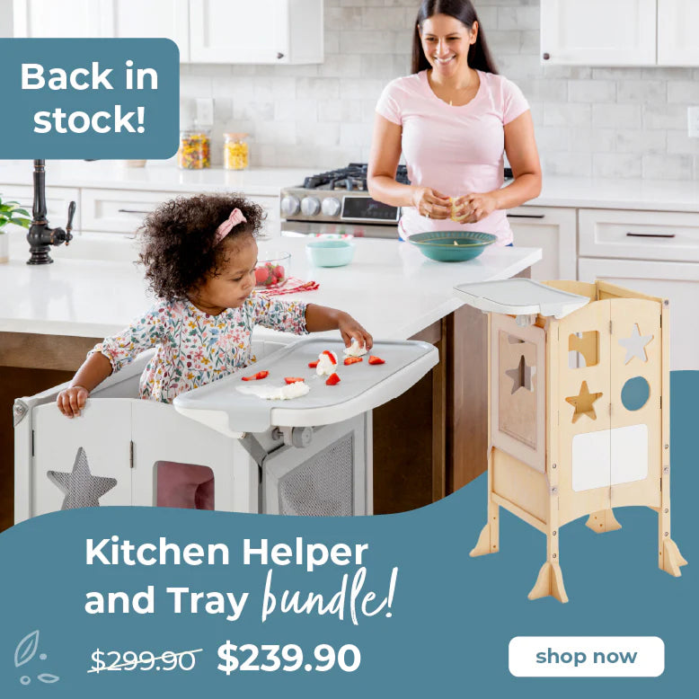 Woman and child in a kitchen with a toddler in the Kitchen Helper Tray Bundle, click to shop $60 off