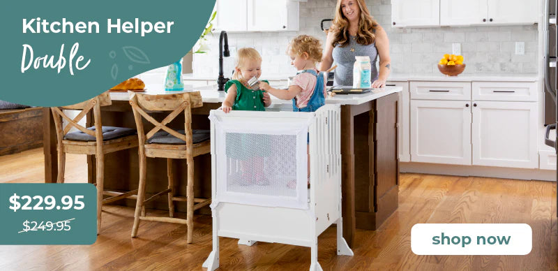 Kitchen Helper Double product with a woman and two children in a kitchen setting, click to shop $20 off