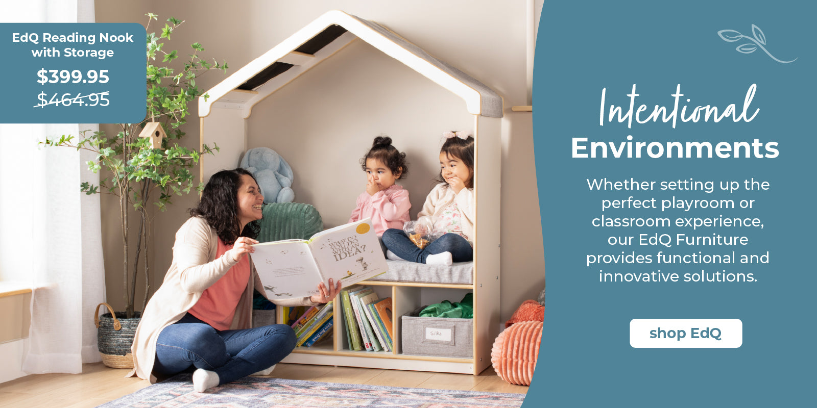 Woman reading to two children in the EdQ Reading and Seating Nook, Click to shop regular price $464.95 sale price $399.95