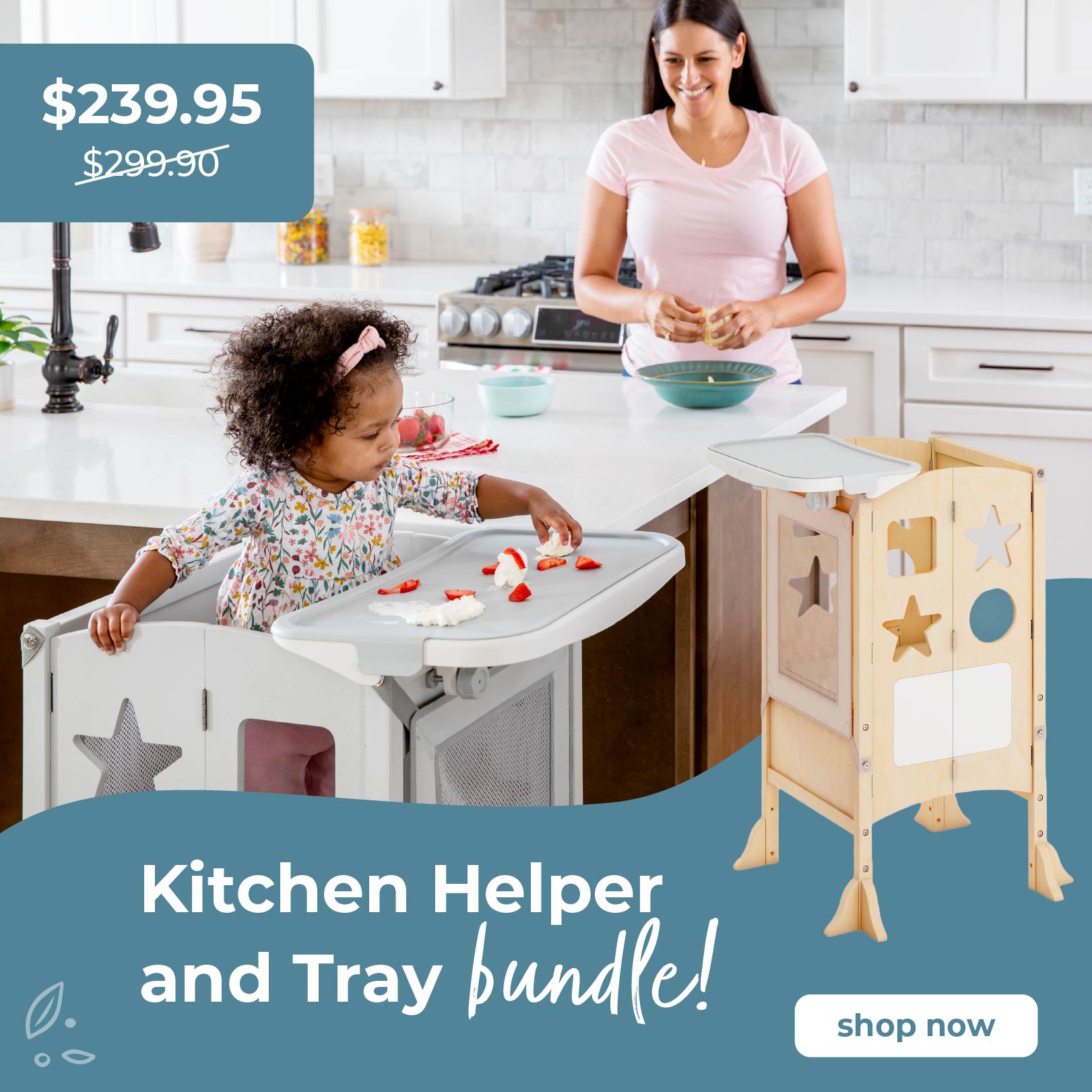 Woman and child in a kitchen with a child-in the Kitchen Helper with tray bundle. Click to chop.