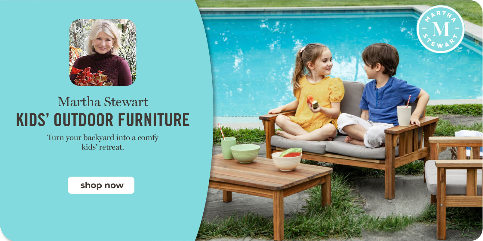 Children sitting on outdoor furniture with a pool in the background, featuring Martha Stewart Kids' Outdoor Furniture. Click to shop.