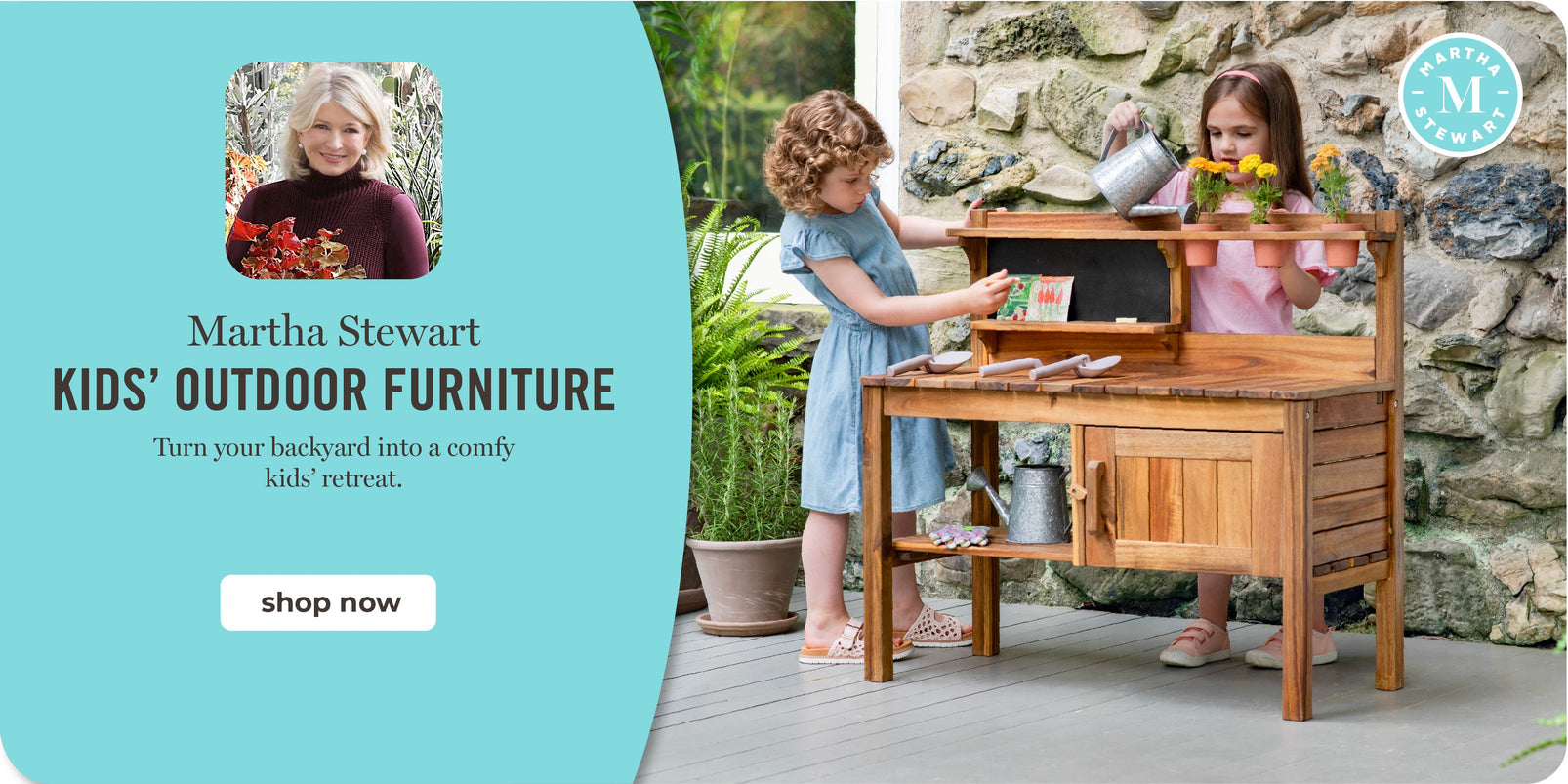 Two girls watering plants on the Martha  Stewart Outdoor Potting Bench, click to shop all Martha Stewart Kids' Outdoor Furniture.