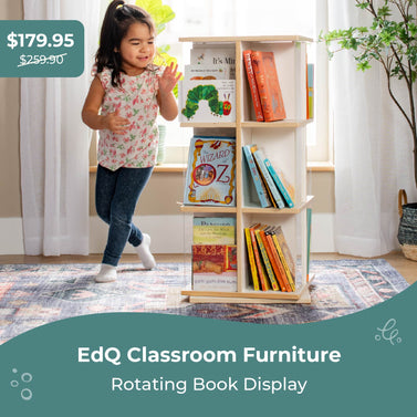Child playing with a bookshelf filled with books in a classroom setting, with EdQ Classroom Furniture branding.