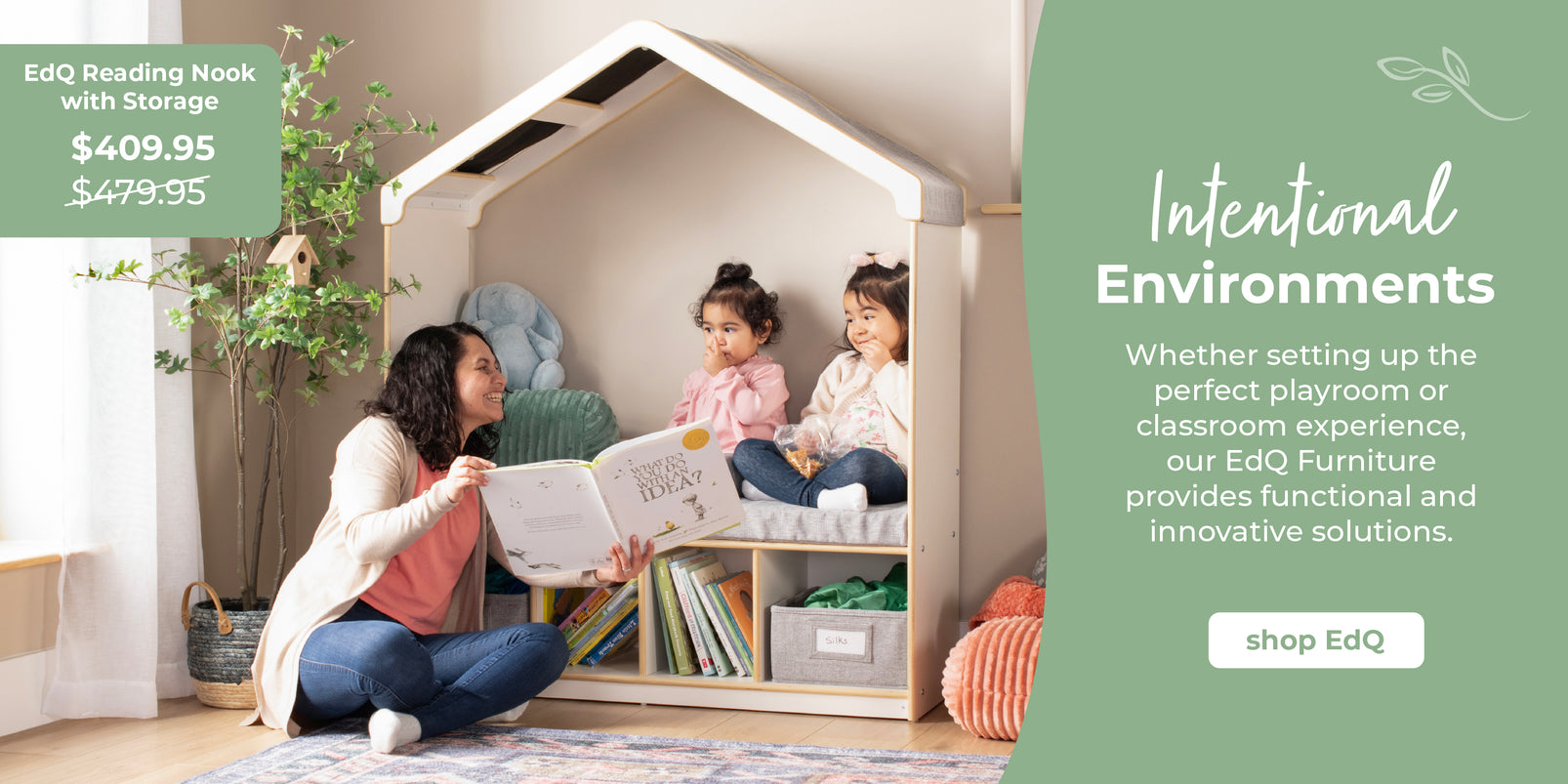Click to shop EdQ Reading Nook. Family sitting in bedroom with mom reading to her two daughters sitting in the house-like nook