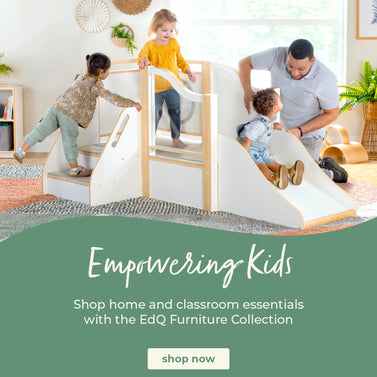 Kids playing on the up and down toddler loft, click to shop all Ed Classroom Furniture