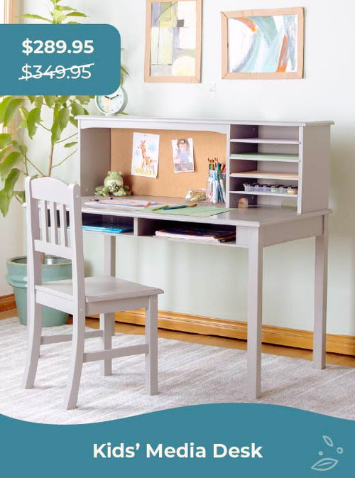 Children's media desk with chair in a room setting, click to shop the desk at $289.95 down from $349.95