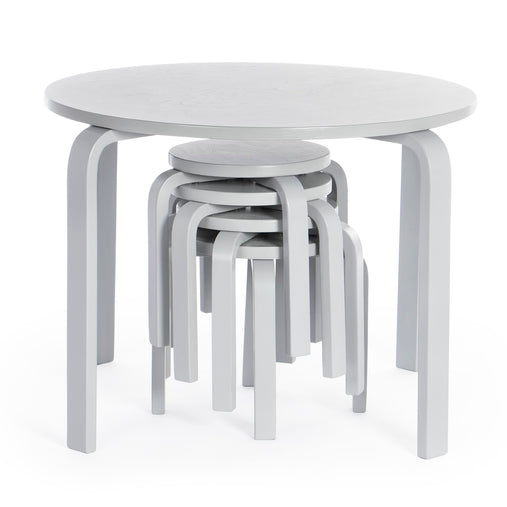 G81047 Nordic Table and Chairs Set Gray Product Stacked Chairs under Table | Gray