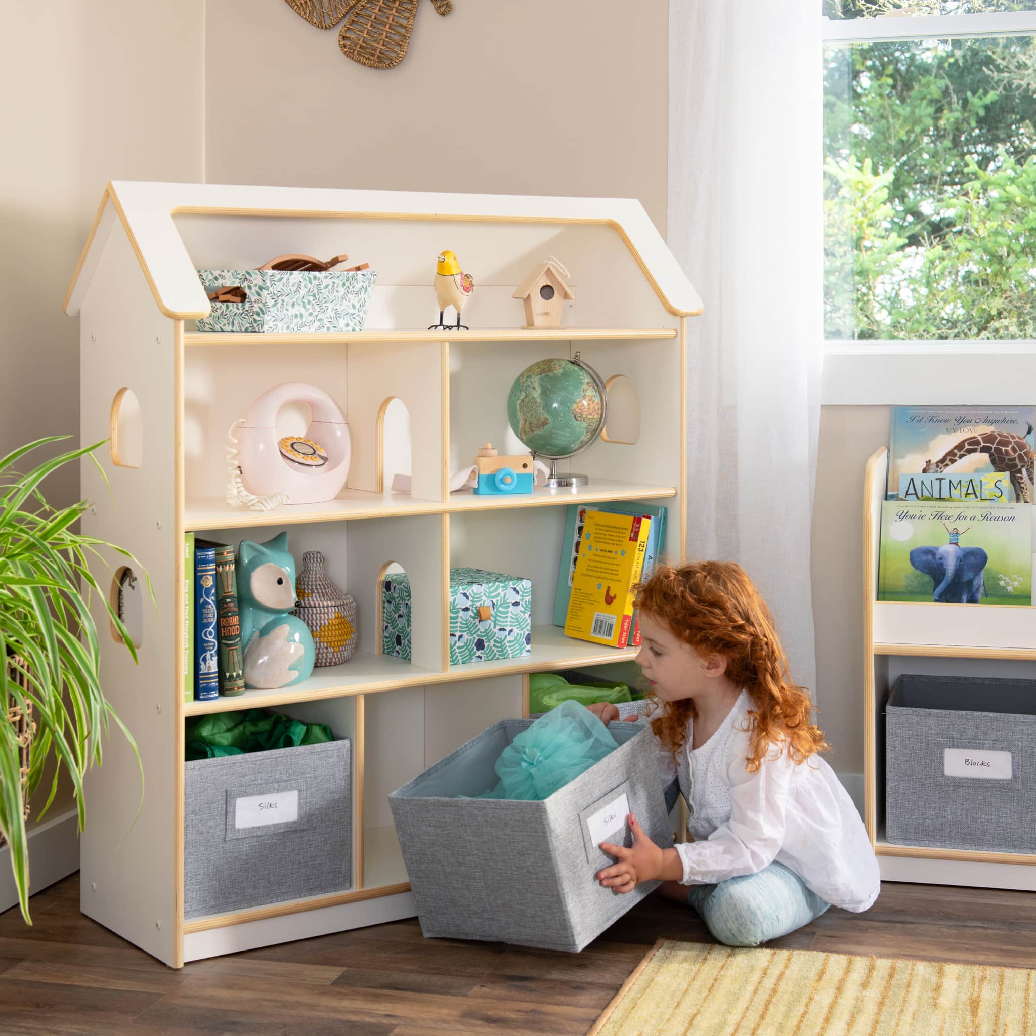 EdQ Dollhouse Bookcase with Bins – Guidecraft EdQ Dollhouse Bookcase with Bins – Guidecraft