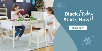 Children playing at a table with a promotional message for Black Friday on a blue background.