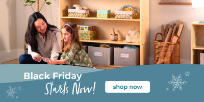 Two women in a home office setting with shelves and decor, Black Friday banner at the bottom.