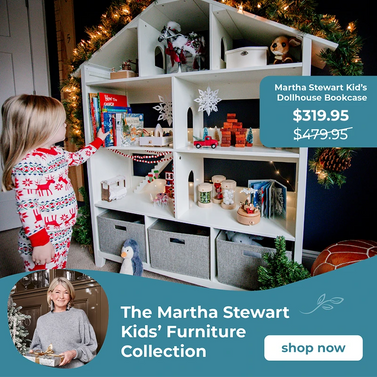 Martha Stewart Kids' Dollhouse Bookcase with toys and a child interacting with it, Christmas decorations in the background.