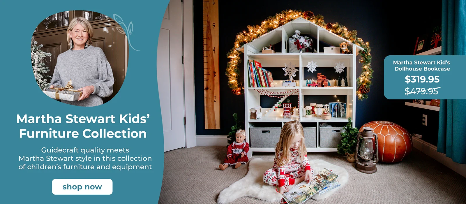 Banner for Martha Stewart Kids' Furniture Collection with a child playing in a decorated room.